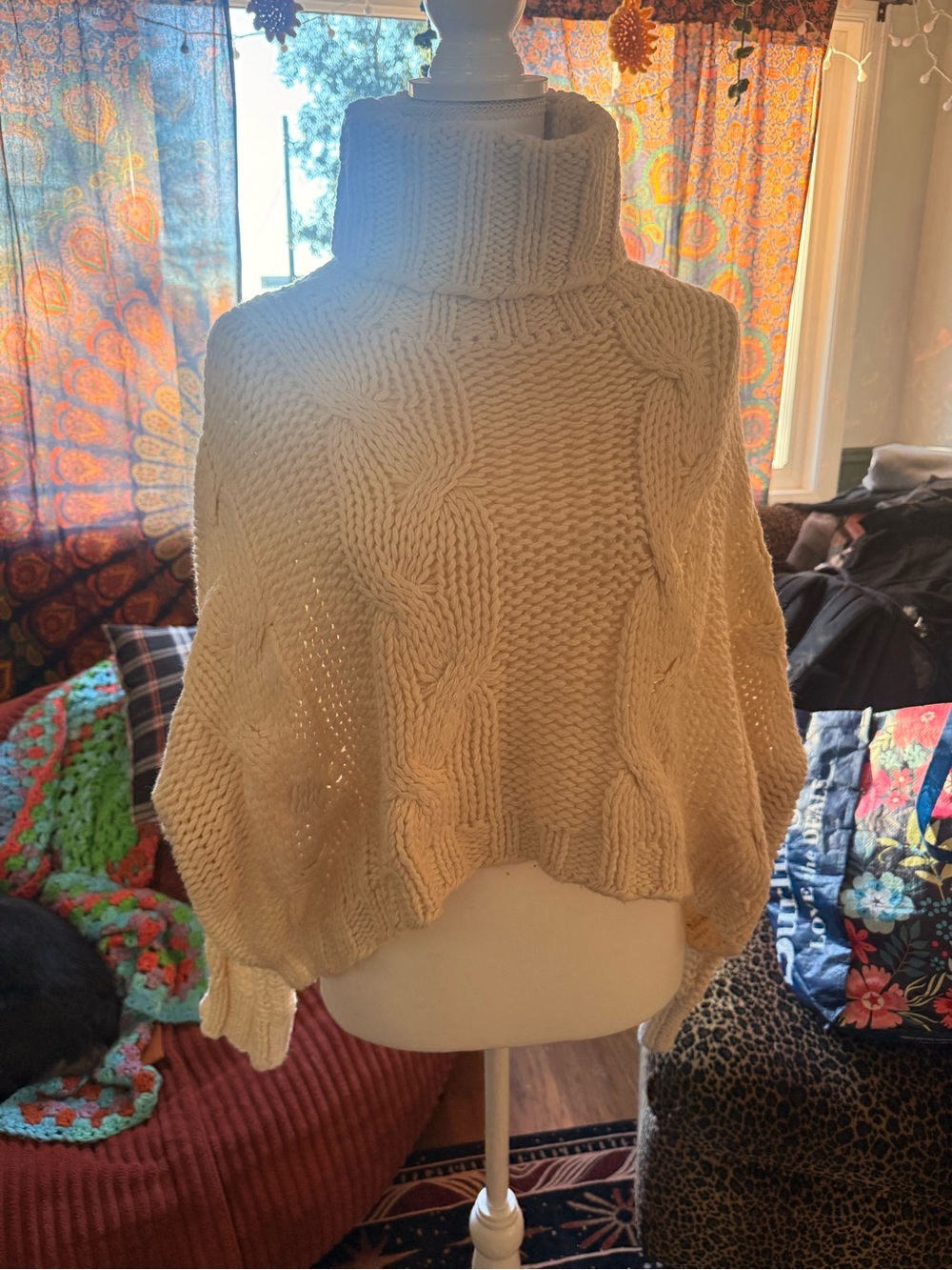 Cream Cable-Knit Turtleneck Sweater